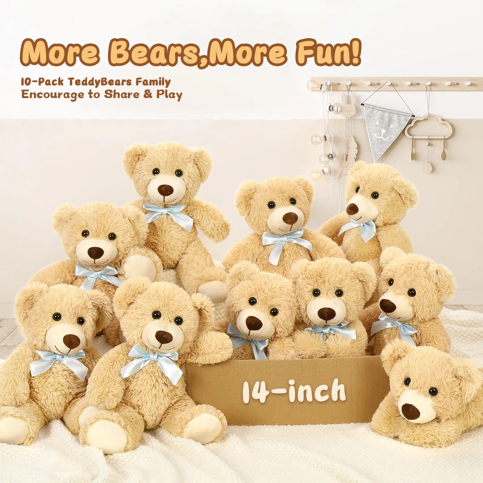 10 Pcs Teddy Bear Stuffed Animals Bulk, Light Brown, 14 Inches