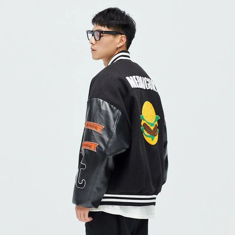 American Street Heavy Industry Thick Baseball Uniform Cotton-Padded Coat - Casual Cardigan Style, Polyester Fiber