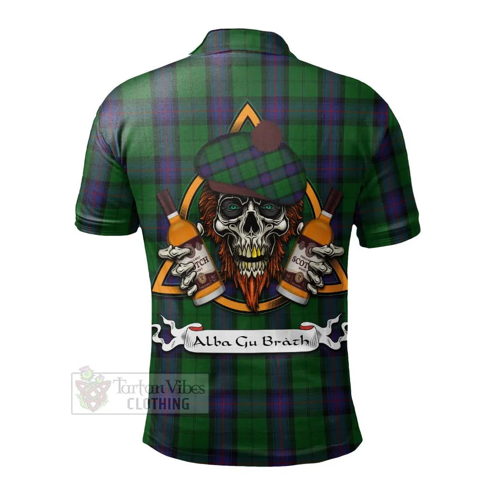 Armstrong Tartan Polo Shirt with Family Crest and Bearded Skull Holding Bottles of Whiskey
