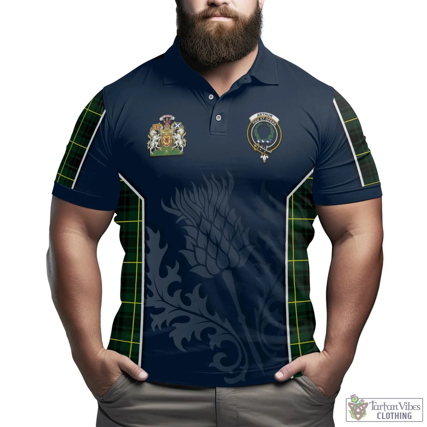 Arthur Modern Tartan Men's Polo Shirt with Family Crest and Scottish Thistle Vibes Sport Style