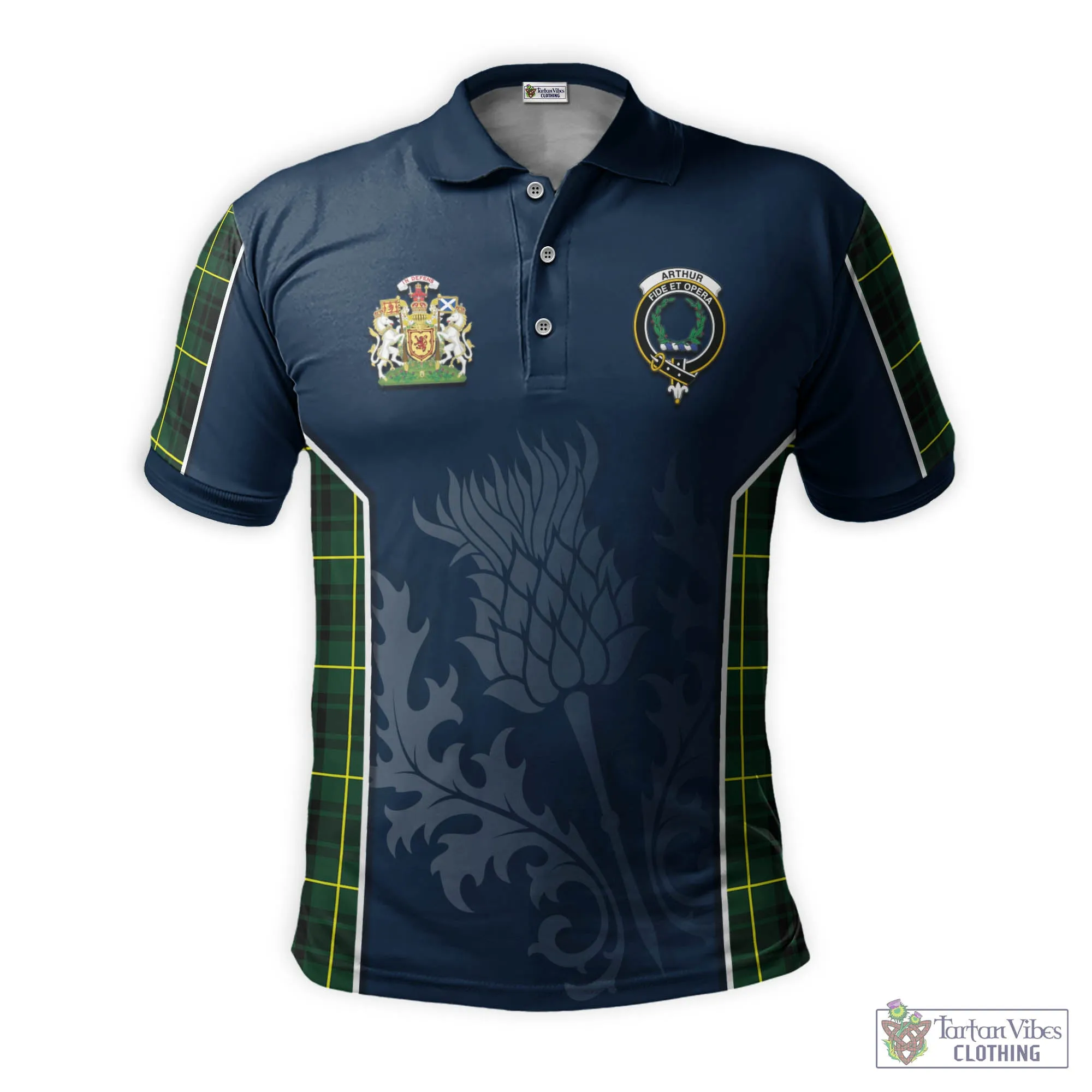 Arthur Modern Tartan Men's Polo Shirt with Family Crest and Scottish Thistle Vibes Sport Style