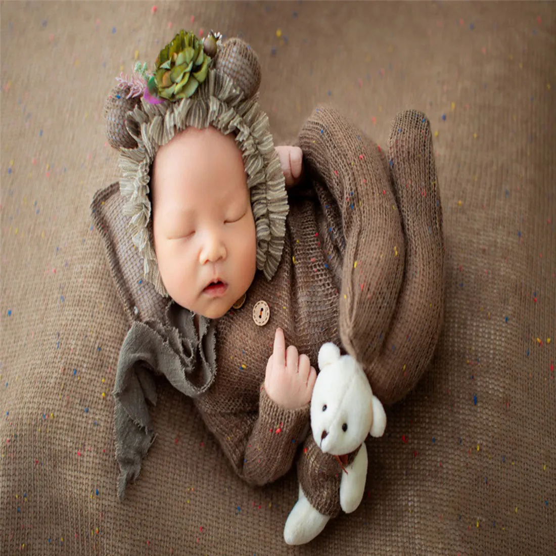 Babymoon | Set Of 4 | Romper, Pillow, Bear & Hat | Costume | Baby Photography Props | Brown