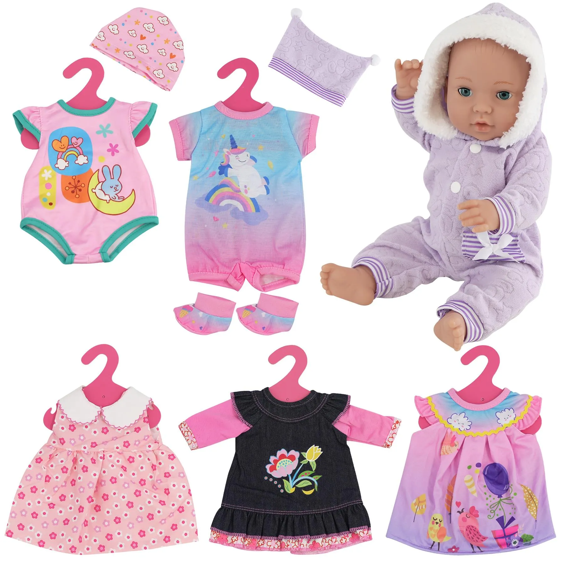 BiBi Outfits - Set of 6 Doll Clothes (Pink, Stripes) (30 cm / 12" - 40 cm / 16")