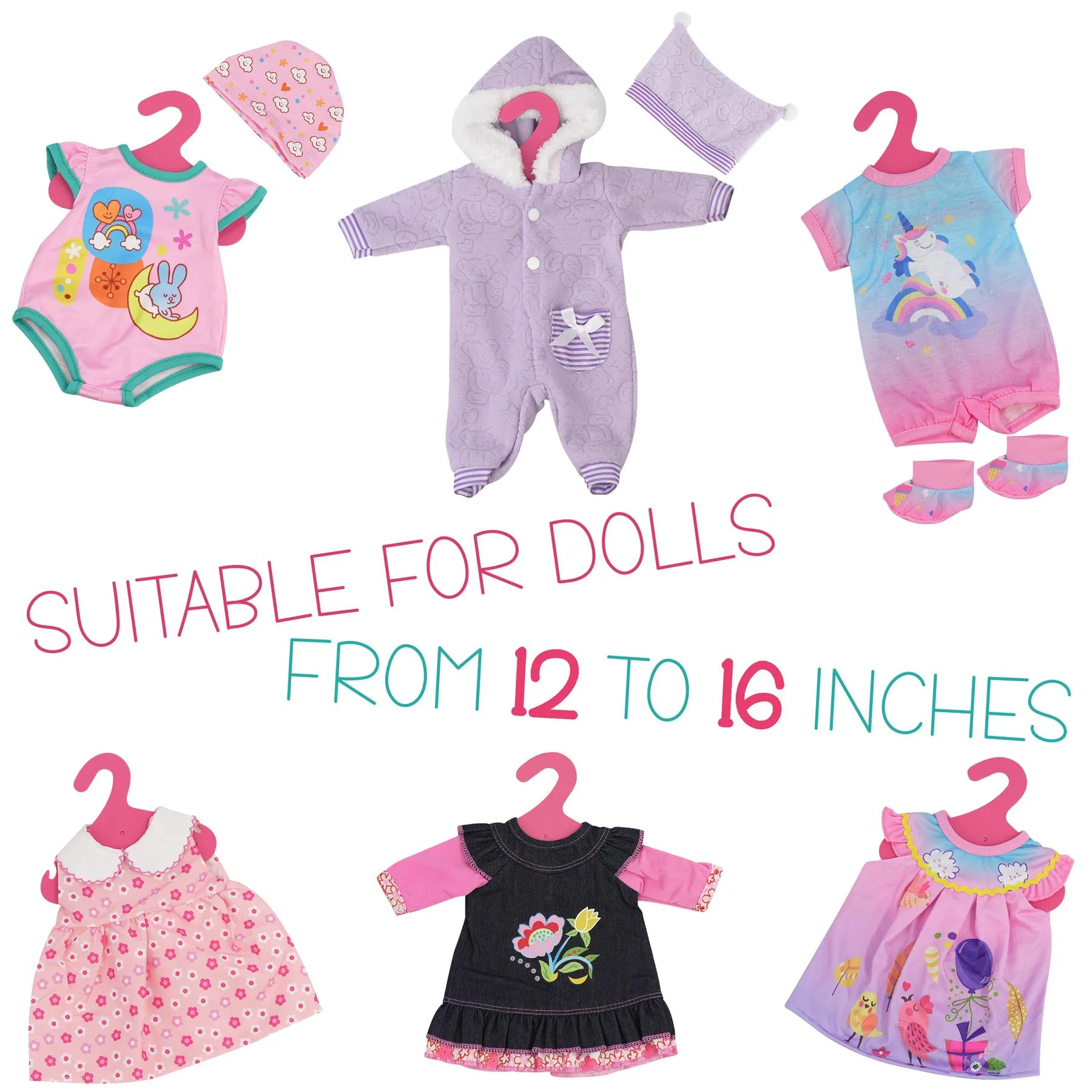 BiBi Outfits - Set of 6 Doll Clothes (Pink, Stripes) (30 cm / 12" - 40 cm / 16")