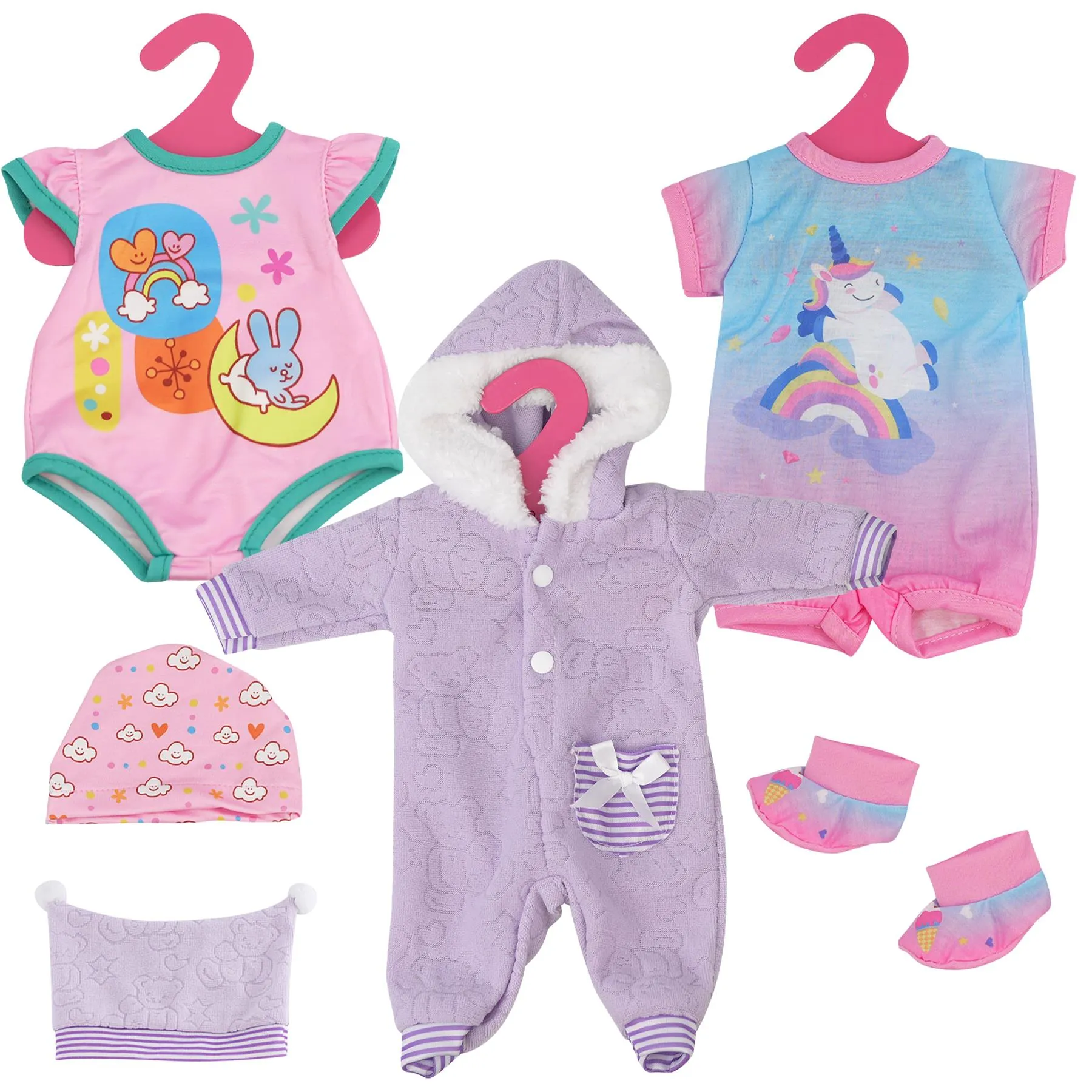 BiBi Outfits - Set of 6 Doll Clothes (Pink, Stripes) (30 cm / 12" - 40 cm / 16")