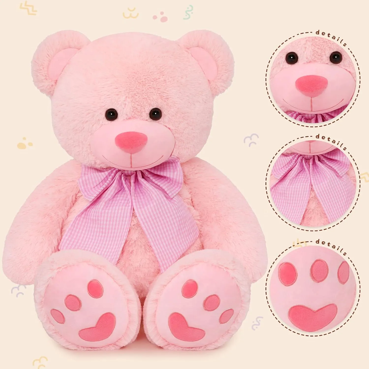 Big Teddy Bear Plush Toy, Brown/White/Pink, 39/47 Inches