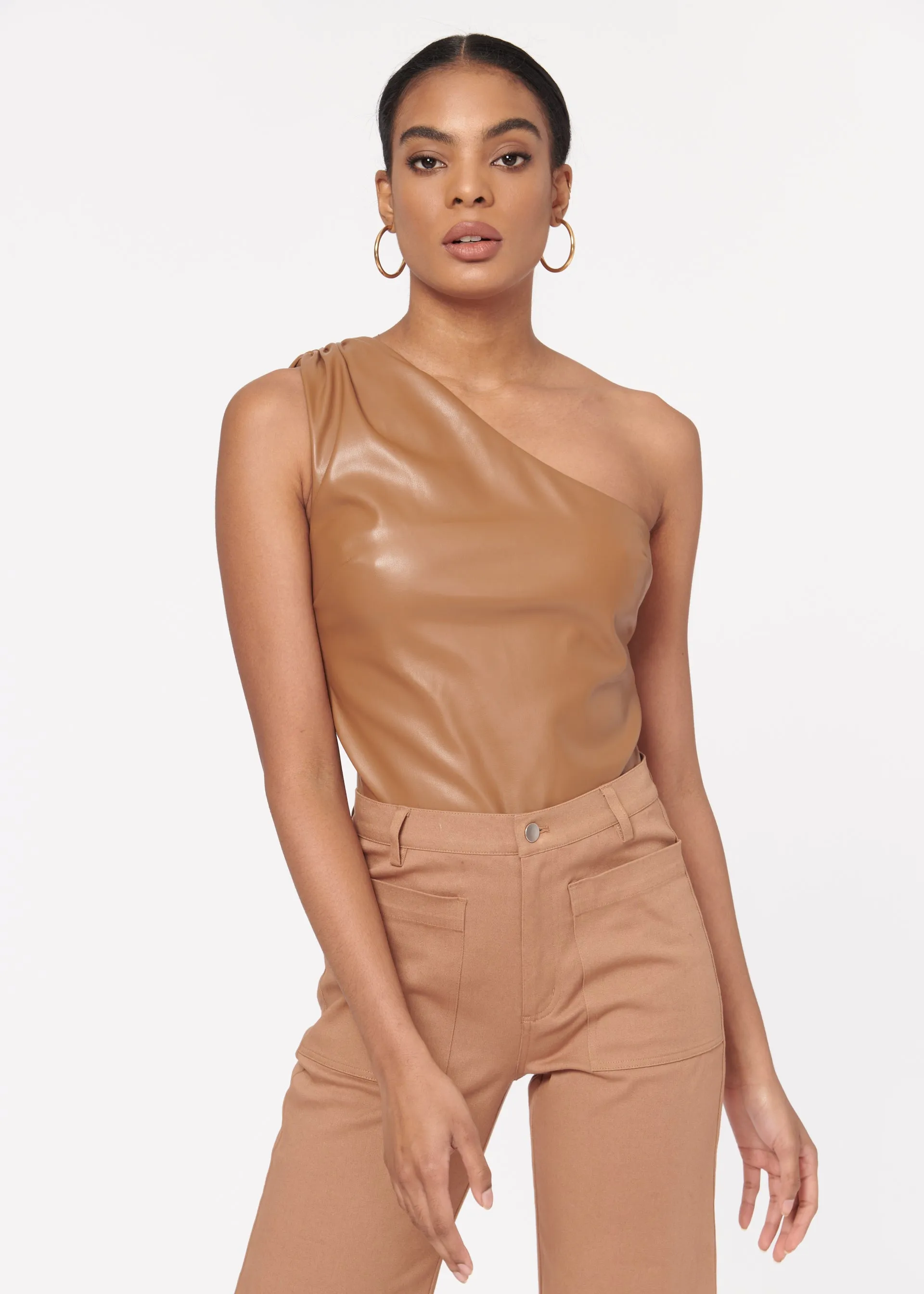 Cami NYC - Chrissa Vegan Leather Bodysuit in Caramel