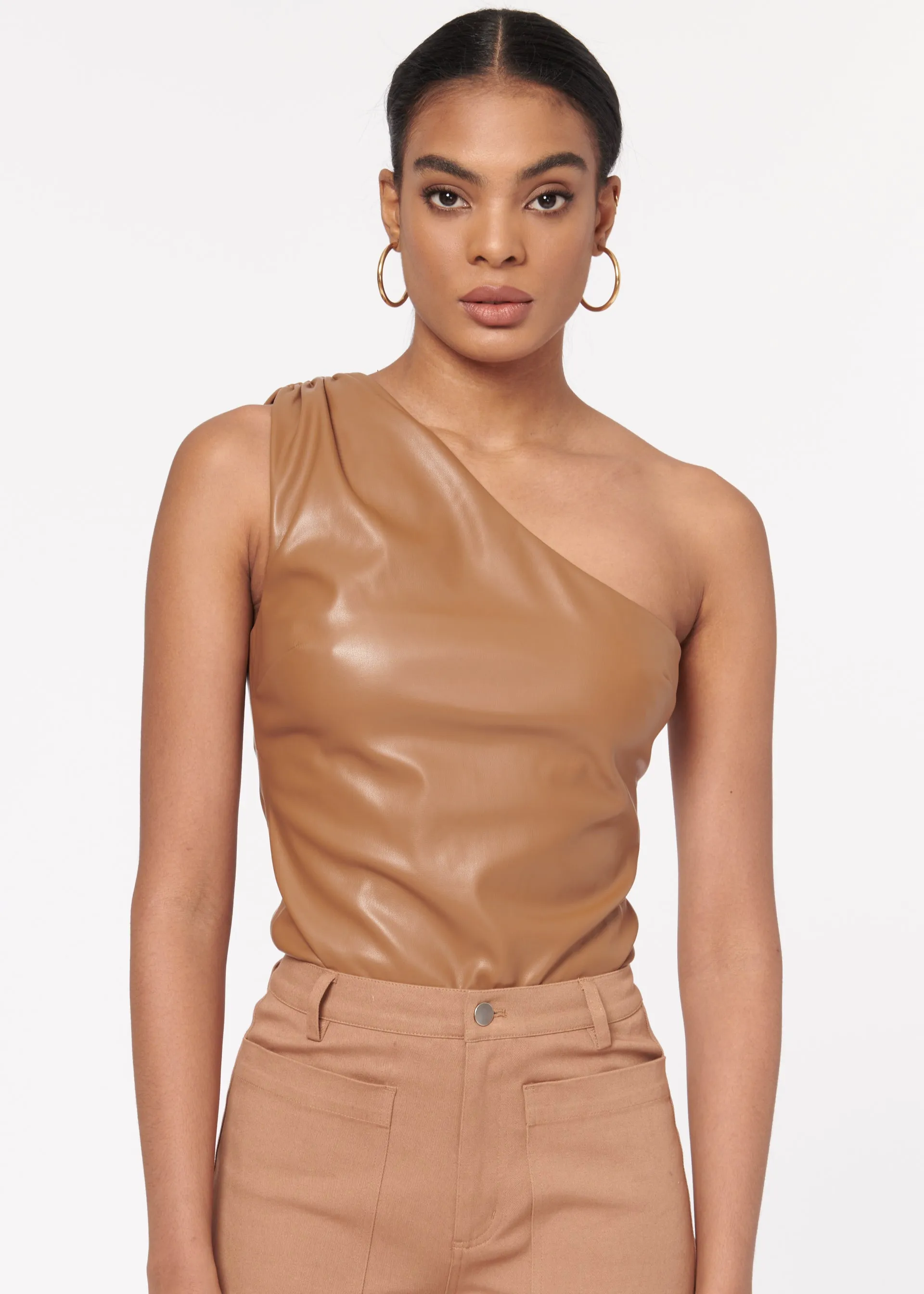 Cami NYC - Chrissa Vegan Leather Bodysuit in Caramel