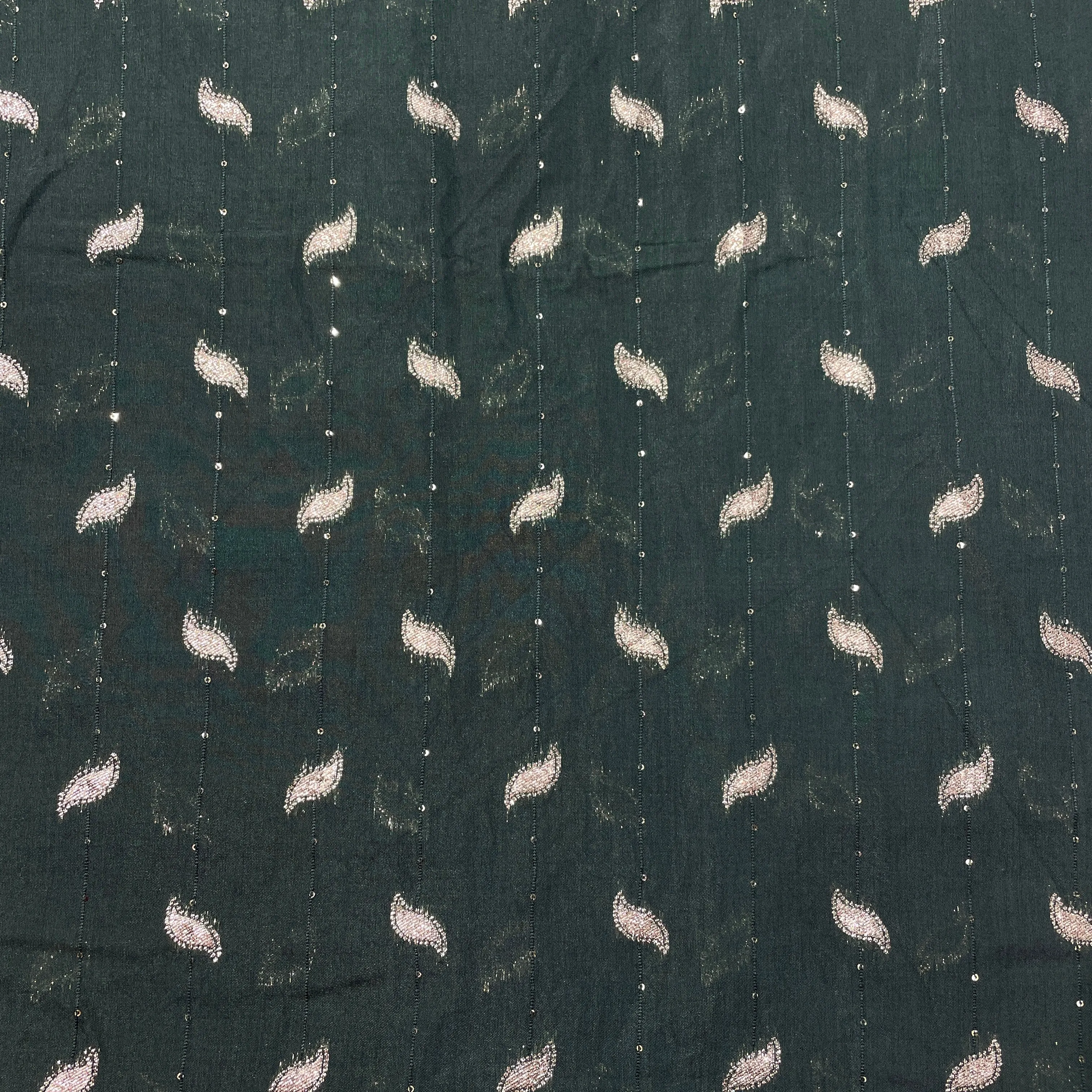 Dark Green Zari Embroidery Sequins Chanderi Fabric