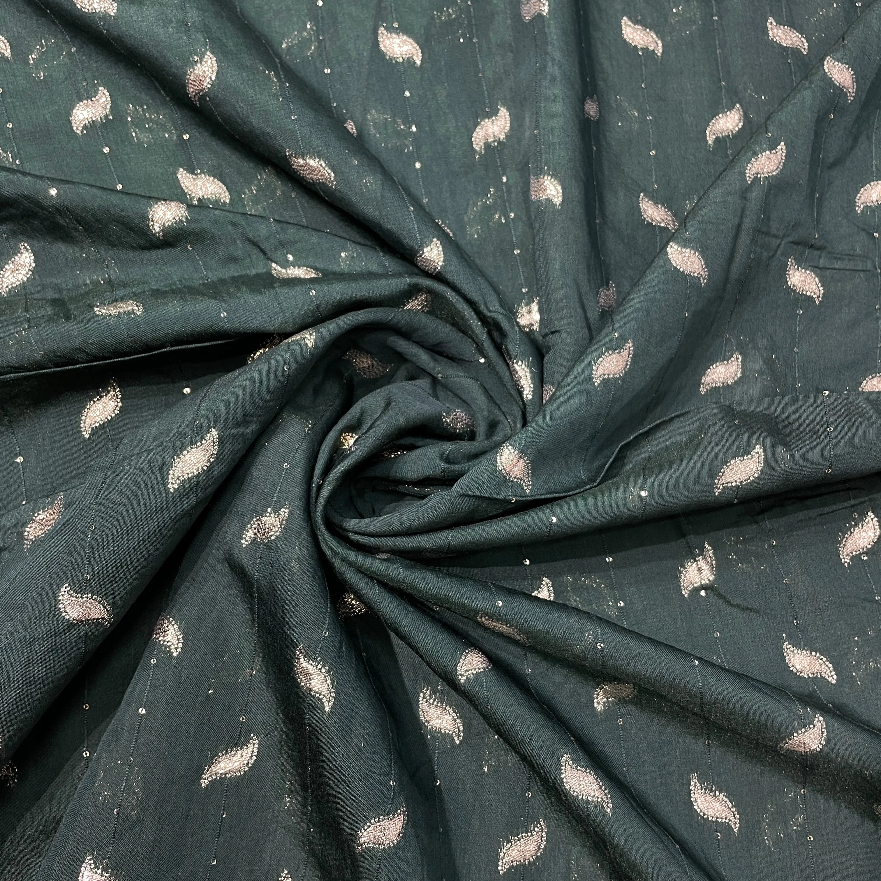 Dark Green Zari Embroidery Sequins Chanderi Fabric