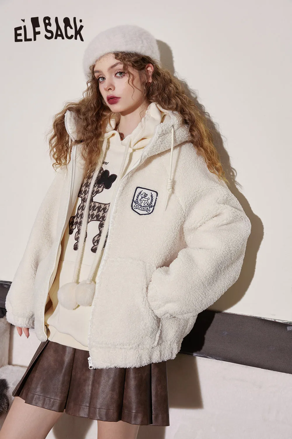 ELFSACK Hoodies Fleece Cotton Coats Women 2023 Winter Patch Dog Short Outwears