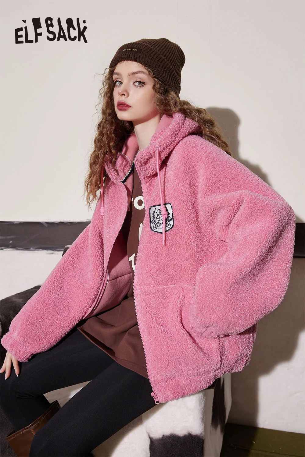 ELFSACK Hoodies Fleece Cotton Coats Women 2023 Winter Patch Dog Short Outwears
