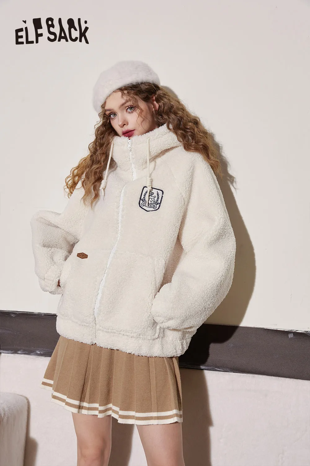 ELFSACK Hoodies Fleece Cotton Coats Women 2023 Winter Patch Dog Short Outwears