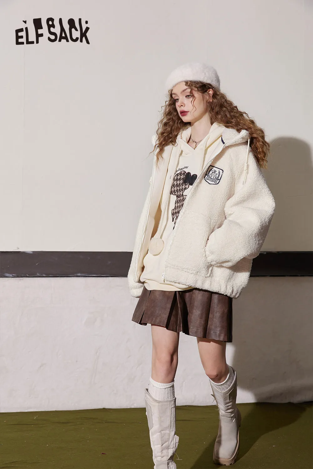 ELFSACK Hoodies Fleece Cotton Coats Women 2023 Winter Patch Dog Short Outwears