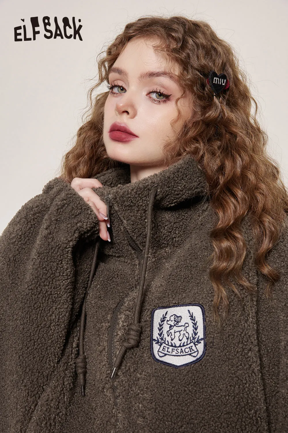 ELFSACK Hoodies Fleece Cotton Coats Women 2023 Winter Patch Dog Short Outwears