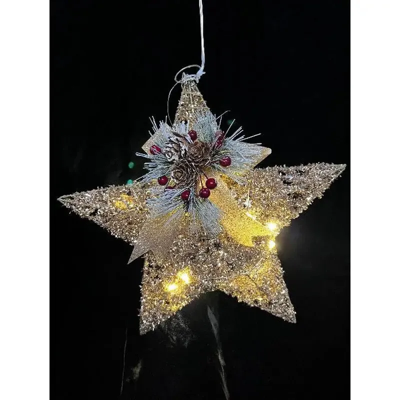 Festive Gold Glitter LED Star With Bow