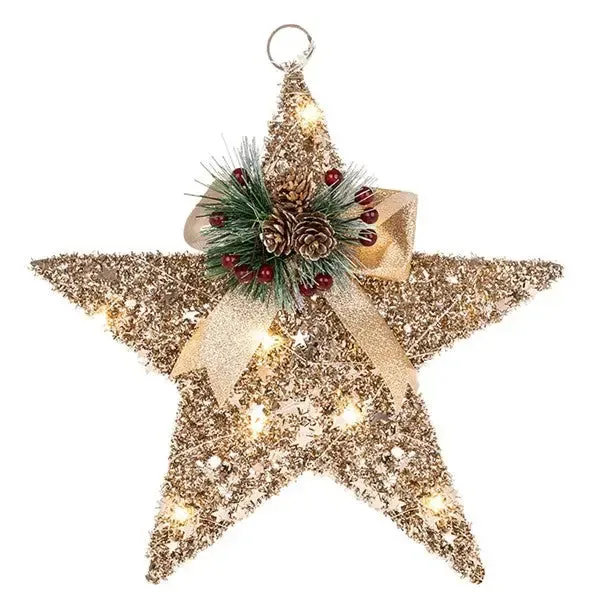 Festive Gold Glitter LED Star With Bow