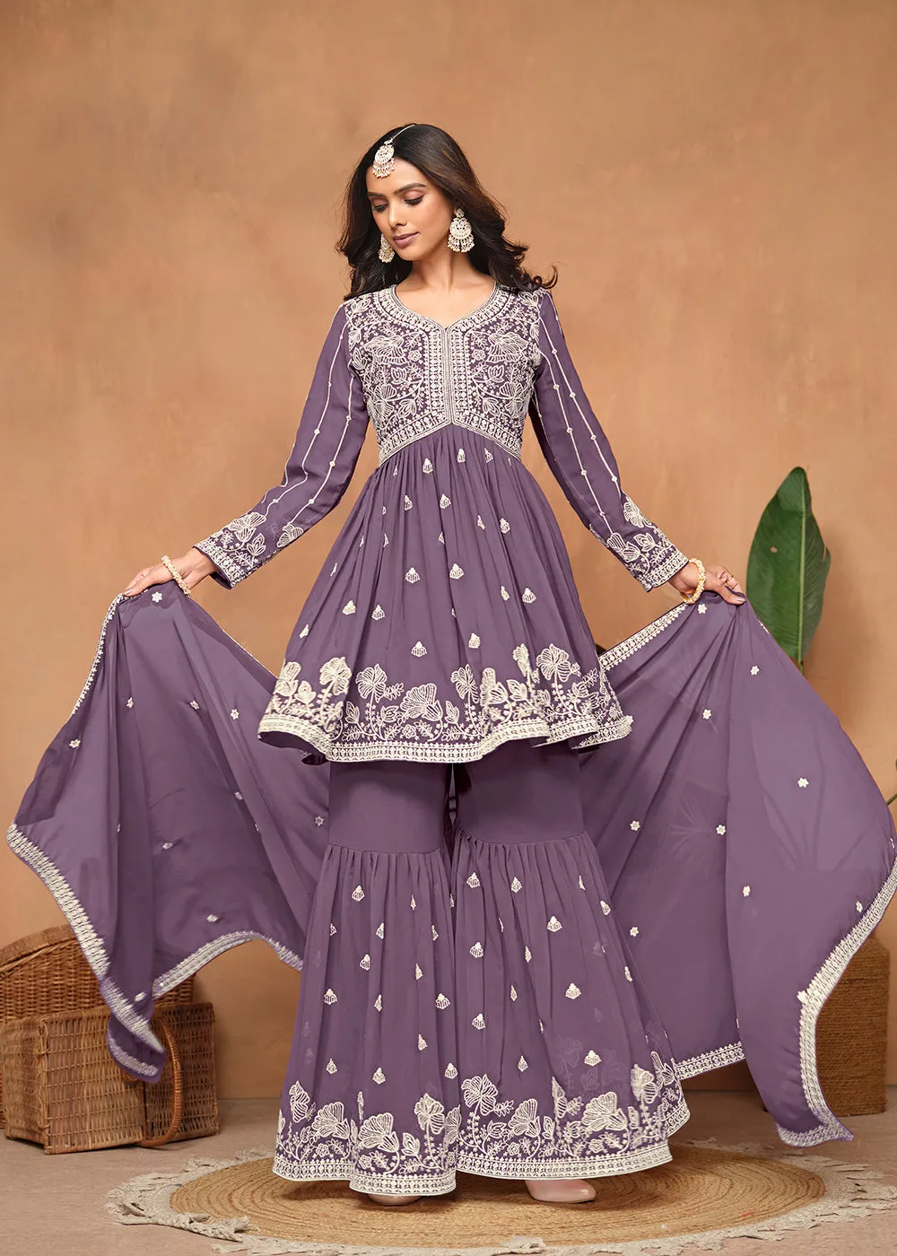 Festive Style Dusty Purple Embroidered Gharara Suit