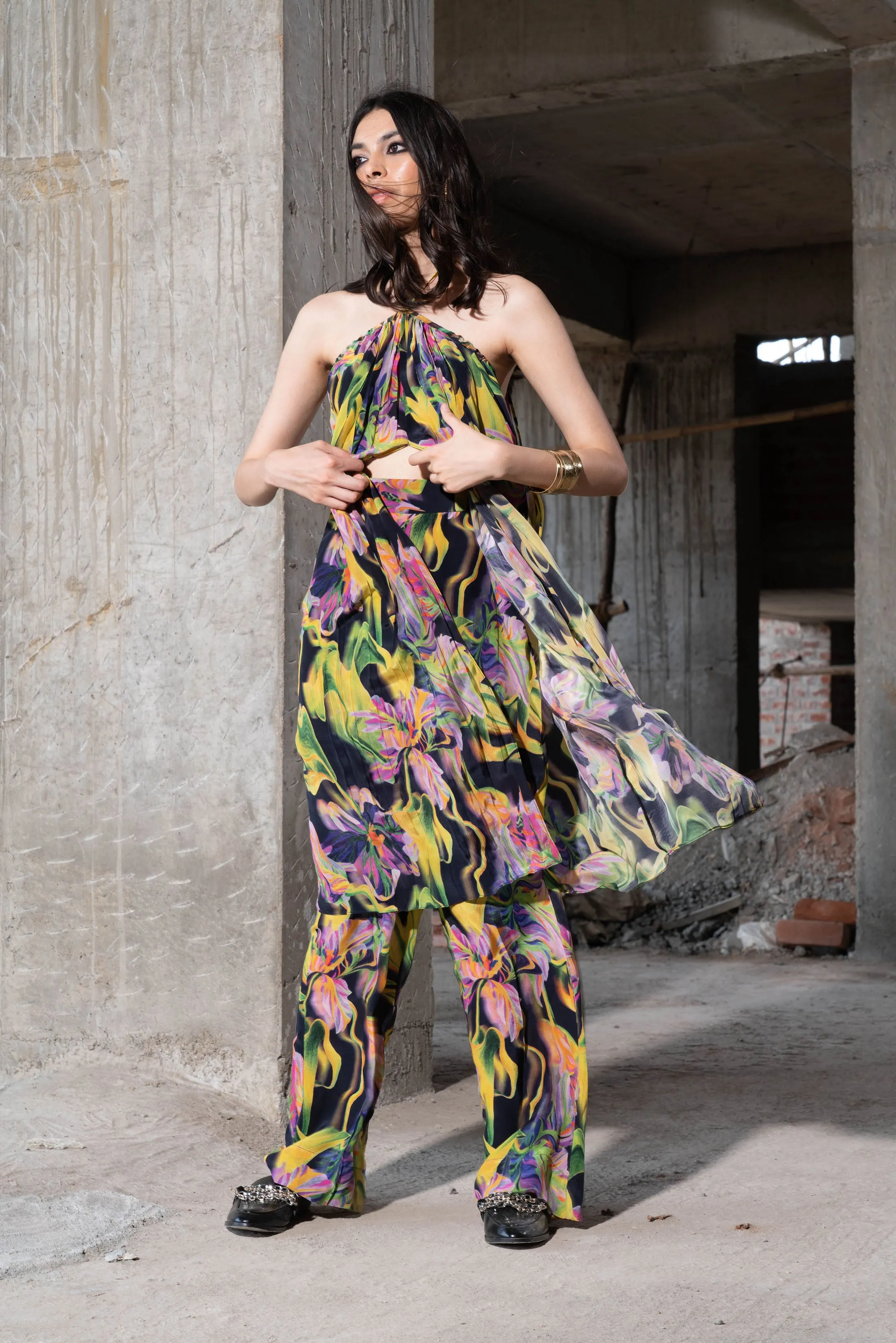 Multicolour Printed Strap Top And Pant Set