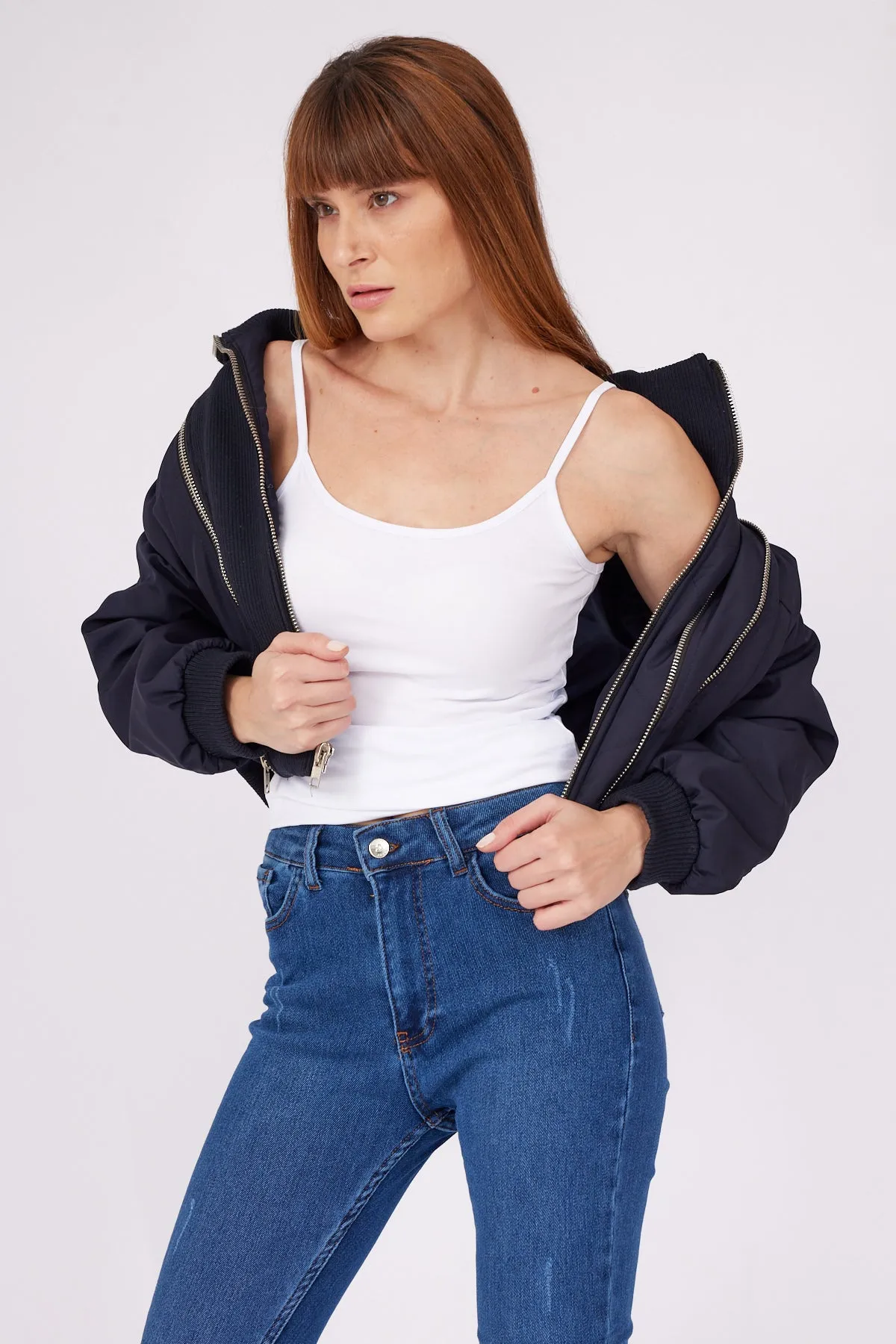 Navy Blue Striped Zipper Detailed Coat