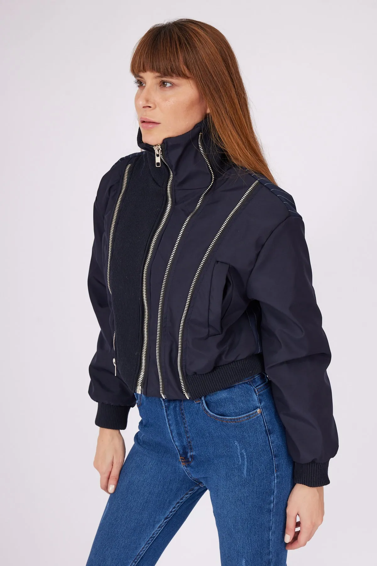 Navy Blue Striped Zipper Detailed Coat