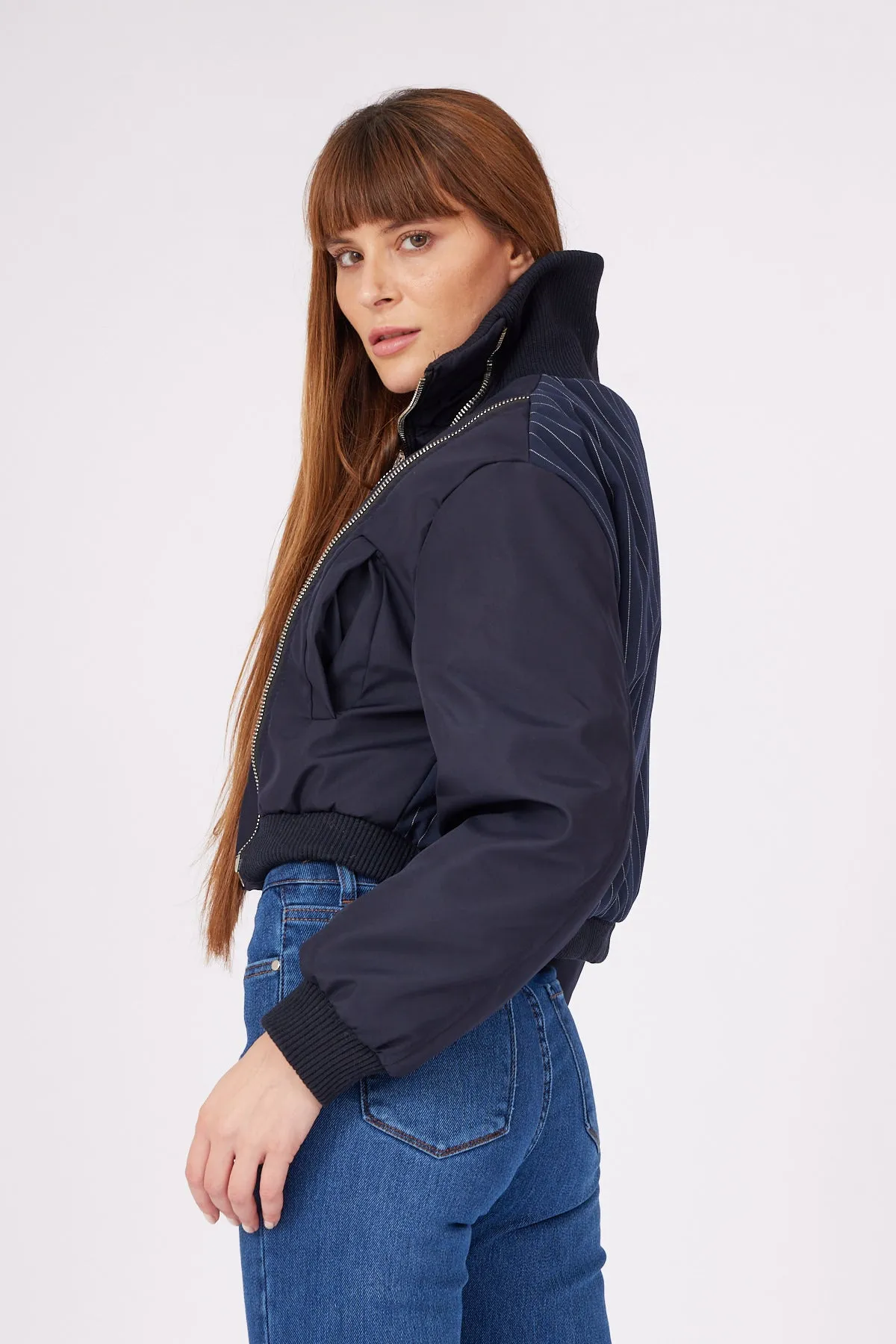 Navy Blue Striped Zipper Detailed Coat