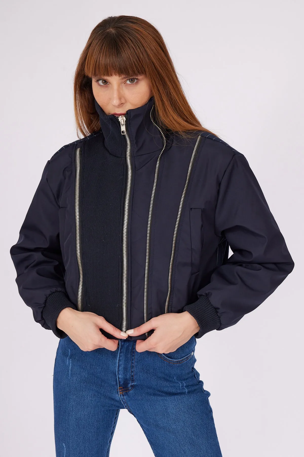 Navy Blue Striped Zipper Detailed Coat
