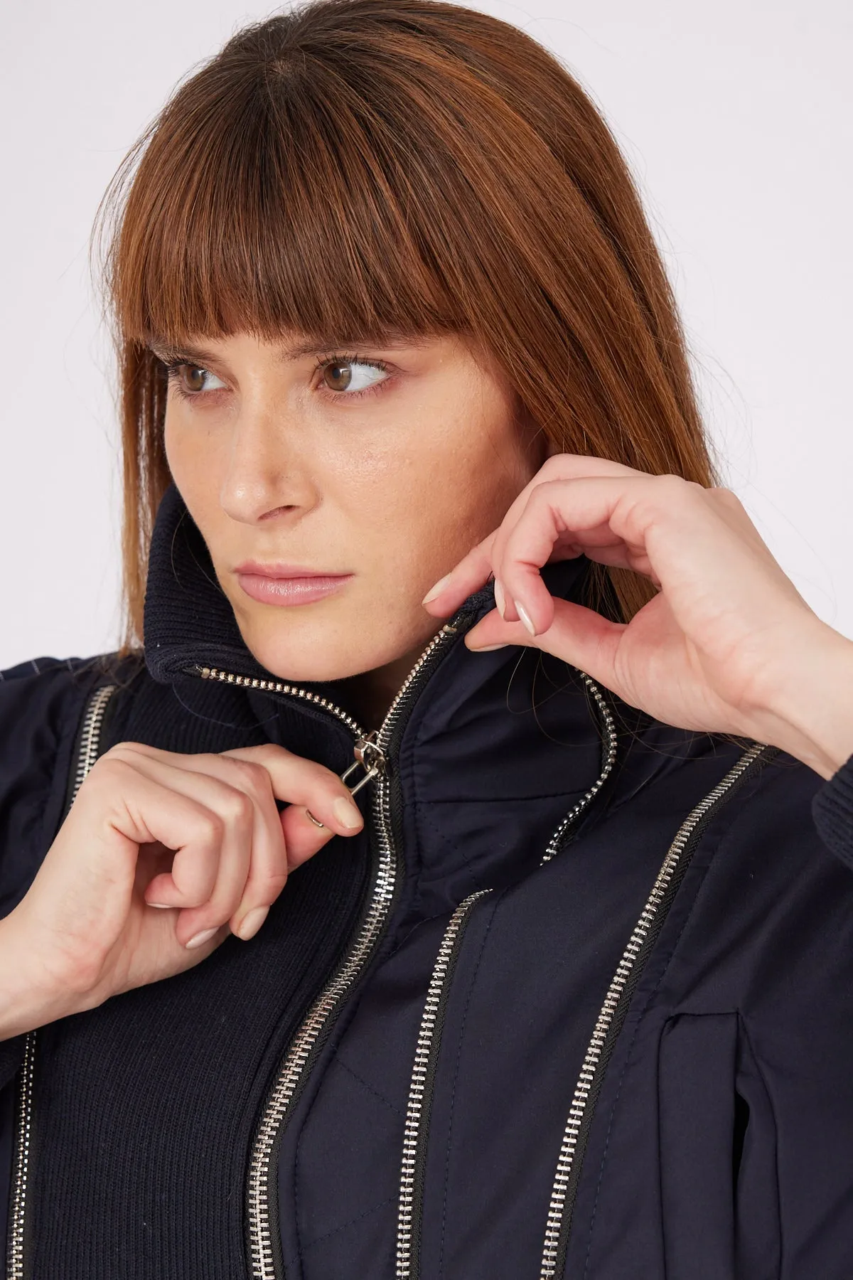 Navy Blue Striped Zipper Detailed Coat