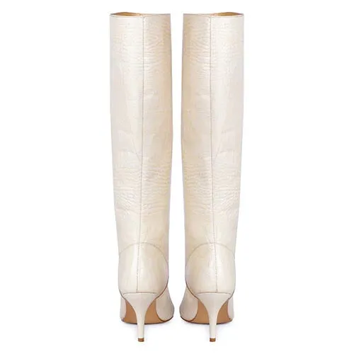 Saint Adella Croc Embossed Off White Leather Long Boots