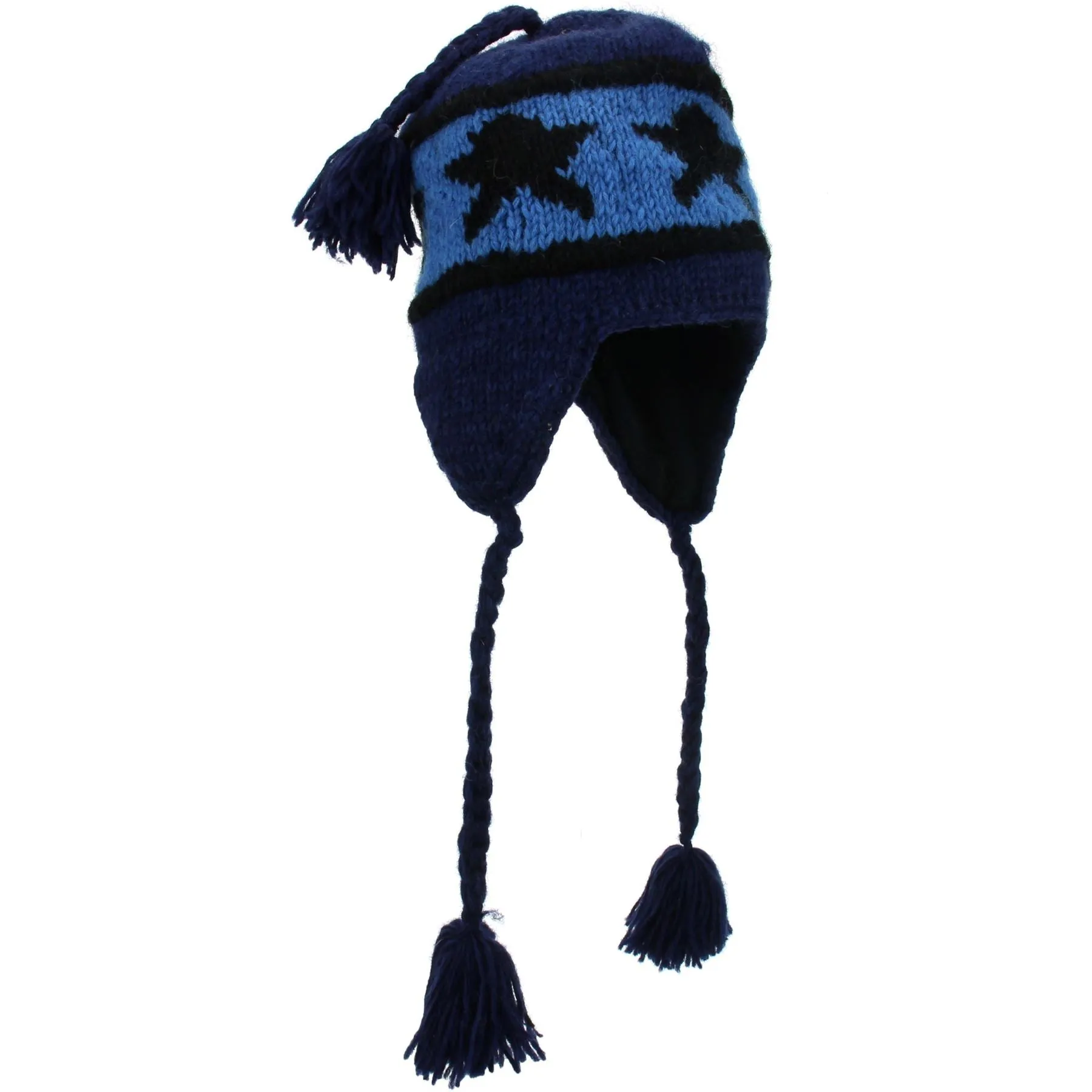 Wool Knit Earflap Tassel Hat - Star Blue