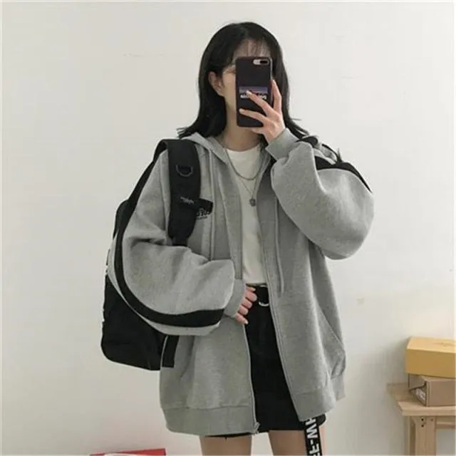 Yeknu Women Korean Version Loose Hoodies Long Sleeve Zip Up Solid Pocket Oversized Sweatshirts Female Thin Harajuku Hooded Coat Top